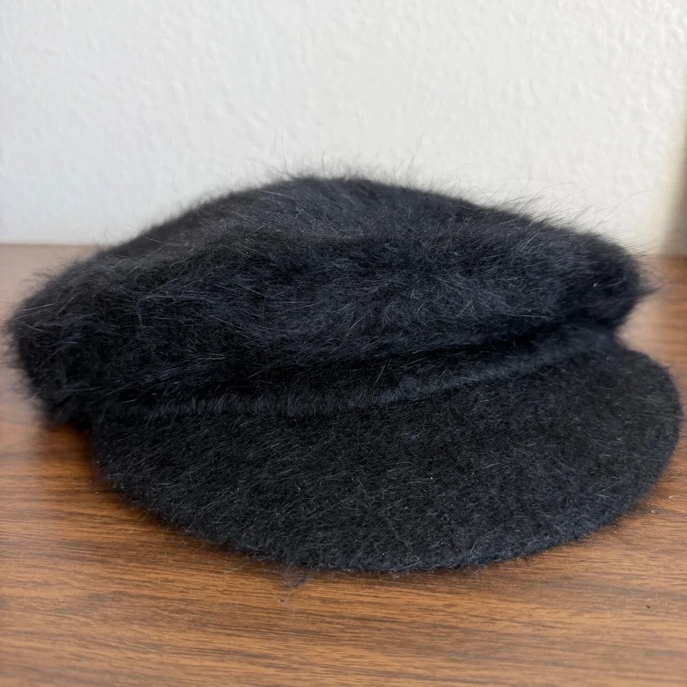 Vintage Fuzzy Black Angora Rabbit Hair Newsboy Cap Baker Boy Hat Preppy 90's Y2K